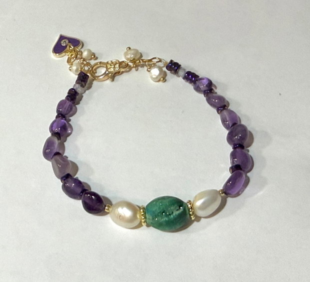 BRĂȚARĂ ~AMETHYST MOSS ~ ametist,hematit electroplacat,perle cultură,agata druzy,inox auriu