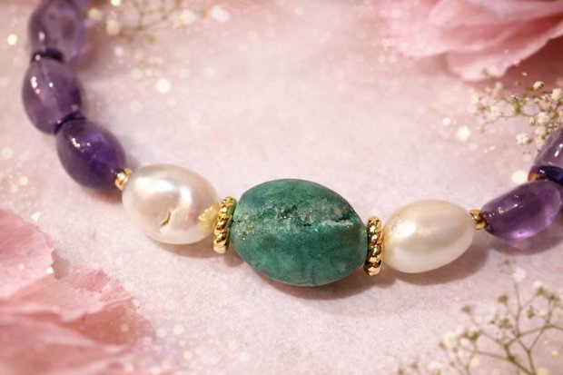 BRĂȚARĂ ~AMETHYST MOSS ~ ametist,hematit electroplacat,perle cultură,agata druzy,inox auriu