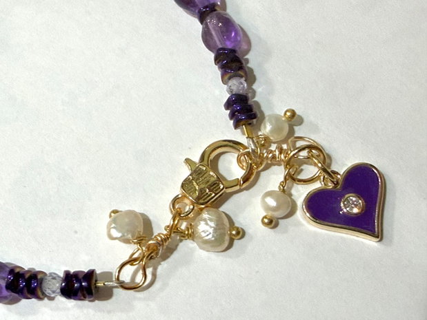 BRĂȚARĂ ~AMETHYST MOSS ~ ametist,hematit electroplacat,perle cultură,agata druzy,inox auriu