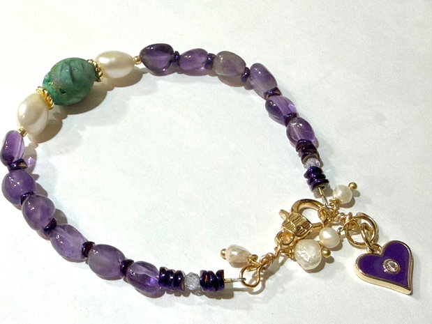 BRĂȚARĂ ~AMETHYST MOSS ~ ametist,hematit electroplacat,perle cultură,agata druzy,inox auriu