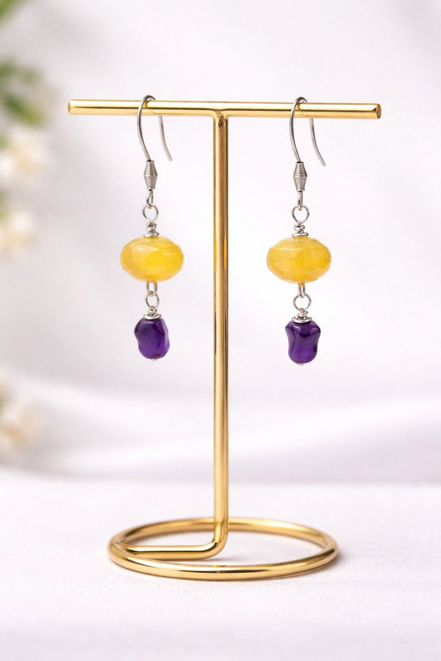 Cercei handmade eleganți - agat galben fațetat și ametist free form - bijuterie cu pietre naturale (cod1409)