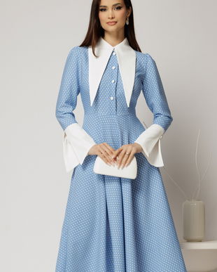 Rochie midi bleu cu buline si guler ascutit