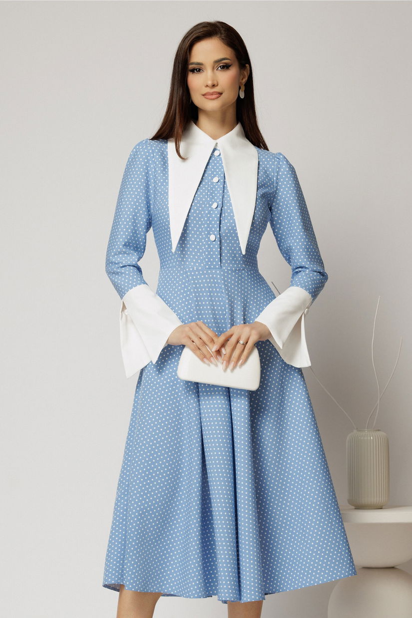 Rochie midi bleu cu buline si guler ascutit