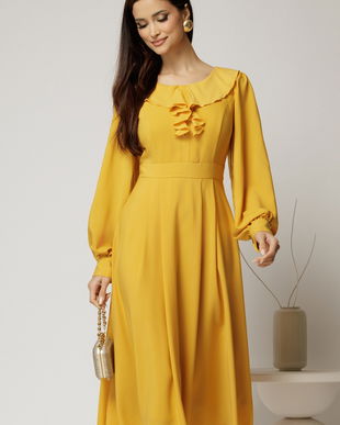 Rochie midi galben mustar din voal plin cu volanase la bust