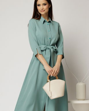 Rochie de zi midi turcoaz tip camasa cu cordon in talie