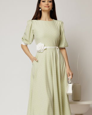 Rochie midi verde fistic cu buline si cordon detasabil in talie