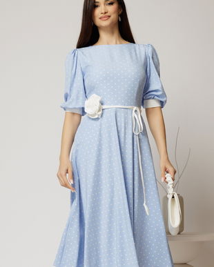 Rochie midi bleu cu buline si cordon detasabil in talie