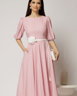 Rochie midi roz cu buline si cordon detasabil in talie