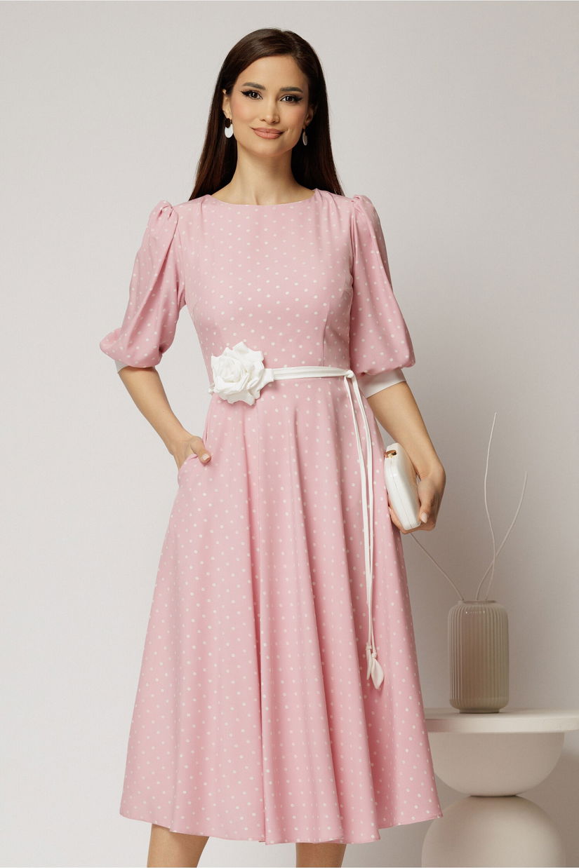 Rochie midi roz cu buline si cordon detasabil in talie