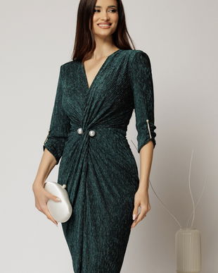 Rochie midi verde de ocazie cu fir lurex si perla in talie