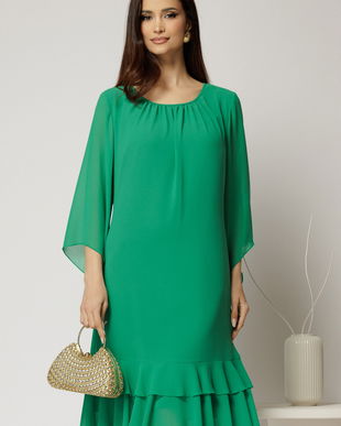 Rochie midi eleganta din voal cu croi lejer si volanase la baza