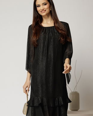 Rochie midi eleganta neagra cu fir lurex din voal cu croi lejer si volanase la baza