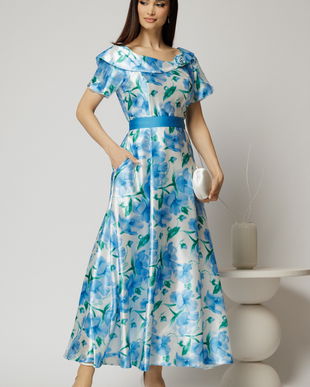 Rochie lunga de ocazie ivoar cu imprimeuri bleu