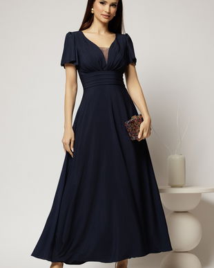 Rochie lunga bleumarin de ocazie cu decolteu adanc si maneci scurte evazate