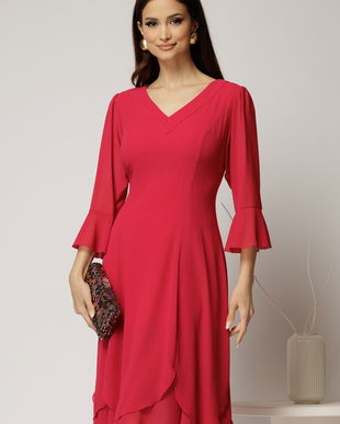 Rochie midi fucsia din voal cu croi lejer si decolteu in V