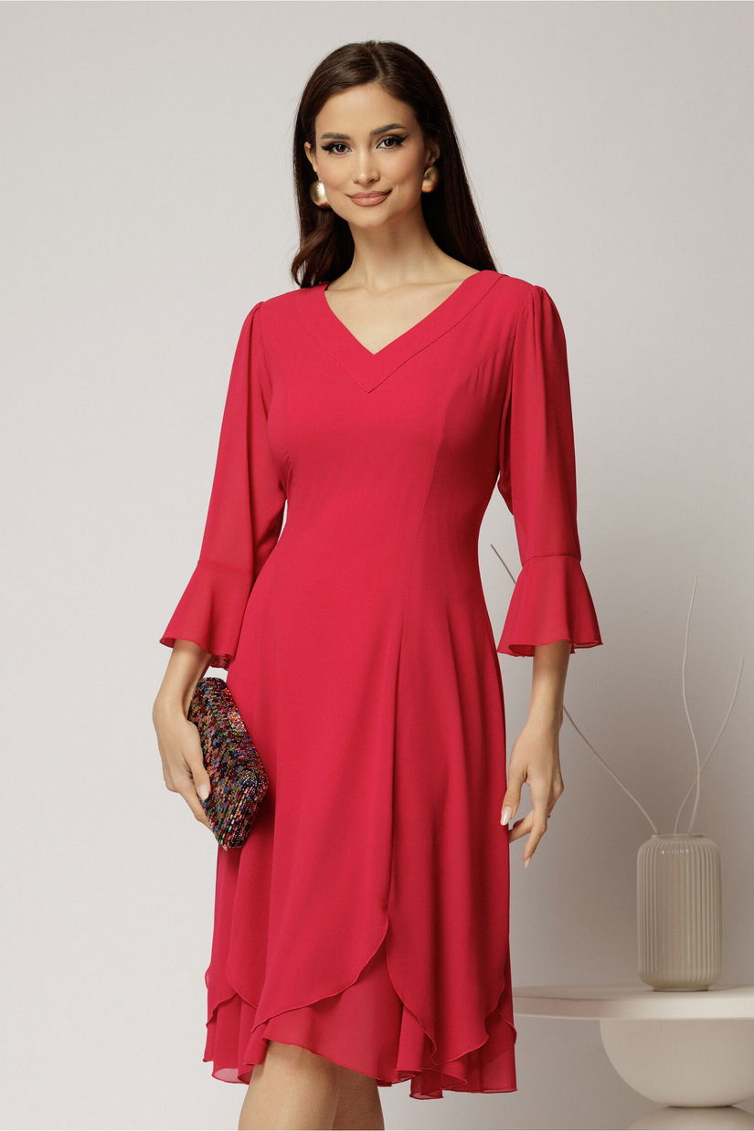 Rochie midi fucsia din voal cu croi lejer si decolteu in V