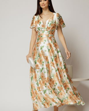 Rochie lunga de ocazie cu imprimeuri maro si verde din material satinat