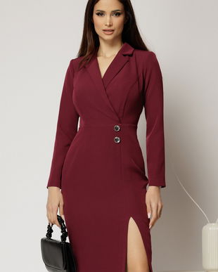 Rochie DY Fashion bordo conica tip sacou cu nasturi pe fusta
