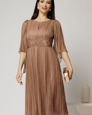 Rochie midi din matase naturala maro cu maneci evazate si talia impletita