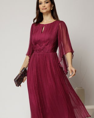 Rochie midi din matase naturala magenta cu maneci evazate si talia impletita