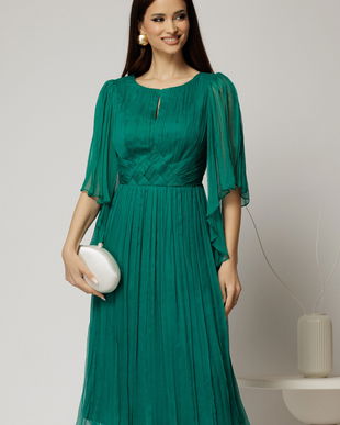 Rochie midi din matase naturala verde cu maneci evazate si talia impletita