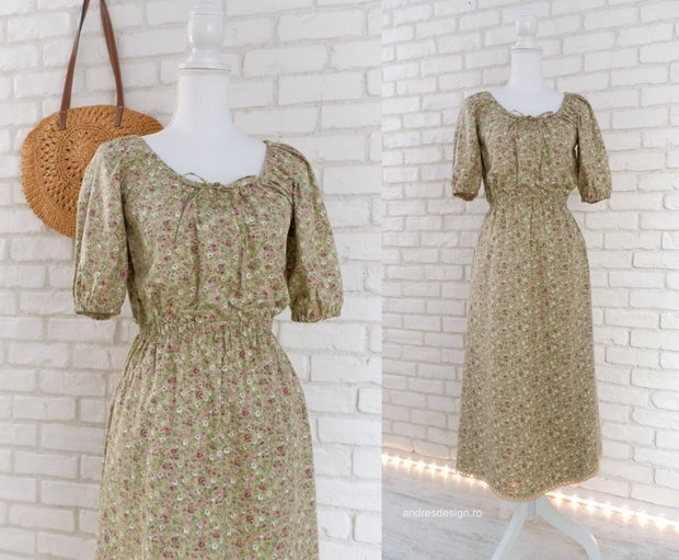Rochie Panza Talie Elastica Vernil cu Flori Mici Mov