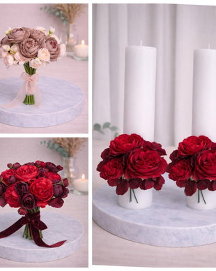 Set cununie Legământ Romantic  buchet mireasă și lumânări elegante în tonuri roșu,roz & nude