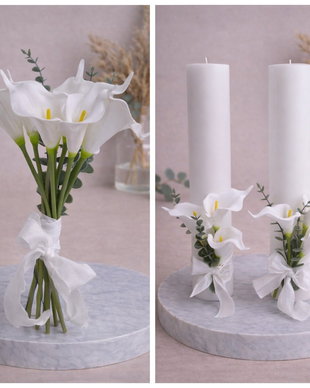 Set cununie Eleganță Pură  buchet mireasă și lumânări cu cale albe