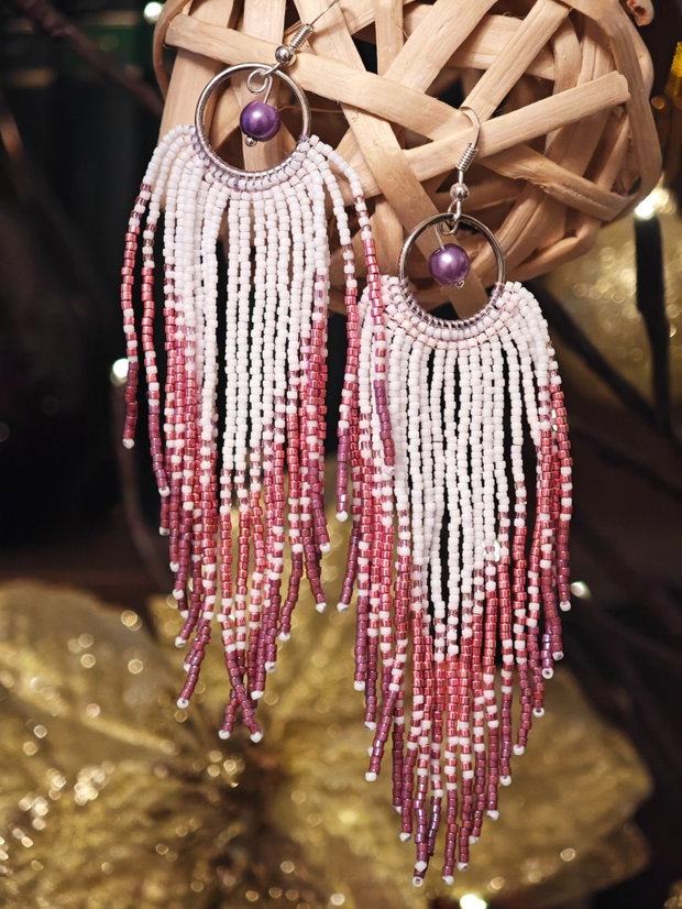 Cercei unicat roz lila din mărgele sticla Cehia și perle Swarovski