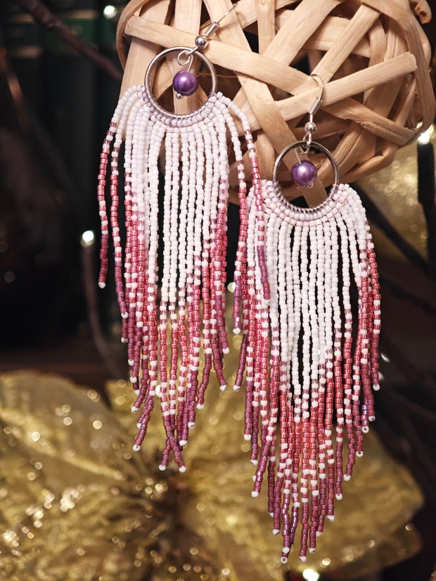 Cercei unicat roz lila din mărgele sticla Cehia și perle Swarovski
