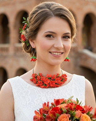 Set Bijuterii Handmade  Colier și Cercei cu Flori Roșii (cod1374)