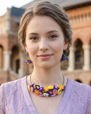 Set bijuterii handmade - flori multicolore   colier și cercei (cod1376)