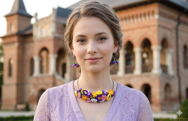 Set bijuterii handmade - flori multicolore colier și cercei (cod1376)