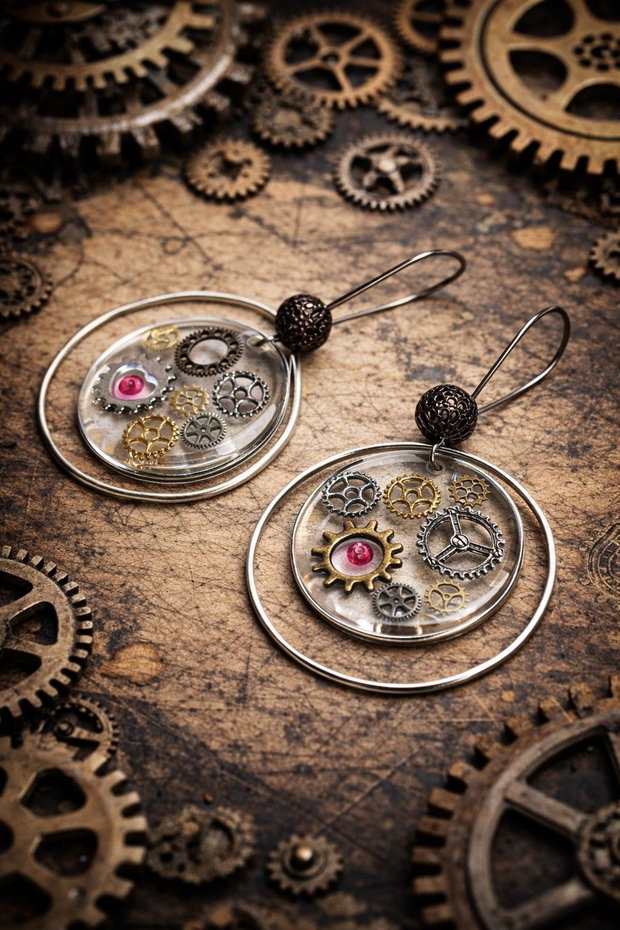 cercei steampunk handmade din rășină cu mecanisme de ceas 01932
