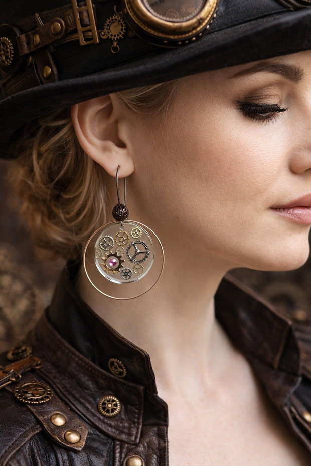 cercei steampunk handmade din rășină cu mecanisme de ceas 01932