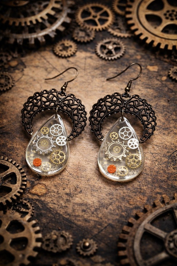 cercei steampunk handmade din rășină cu mecanisme de ceas 01933