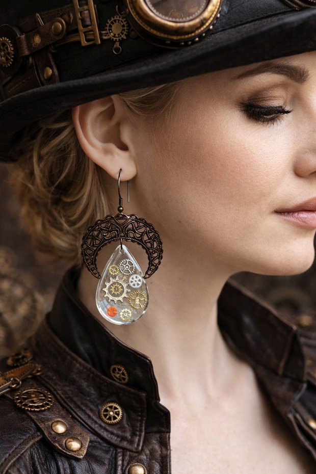 cercei steampunk handmade din rășină cu mecanisme de ceas 01933