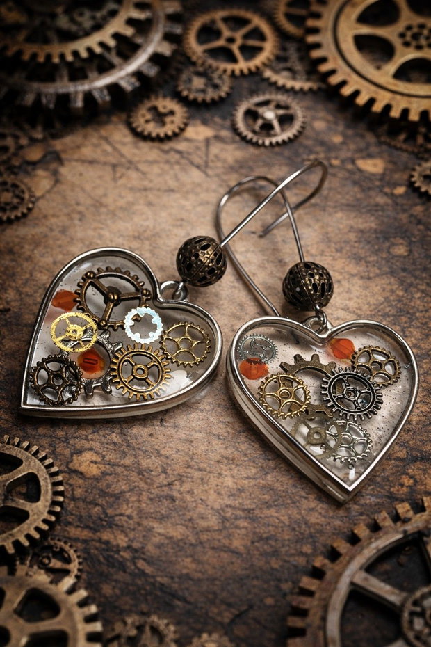 cercei steampunk handmade din rășină cu mecanisme de ceas 01934