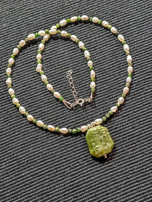 Colier argint crom diopsid vesuvianit perle naturale de cultura baroc boho chic trendy - Transport gratuit