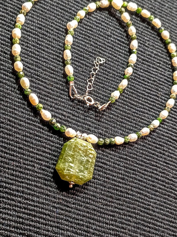 Colier argint crom diopsid vesuvianit perle naturale de cultura baroc boho chic trendy - Transport gratuit