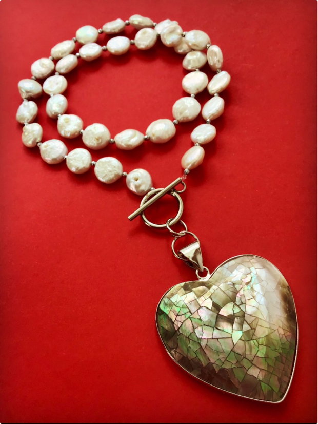 Colier perle baroc albe & pandantiv inima sidef paua Shell