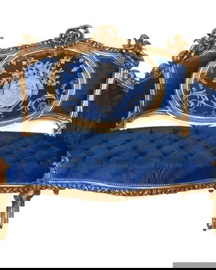 Sofa Rococo din lemn masiv cu tapiterie albastru regal