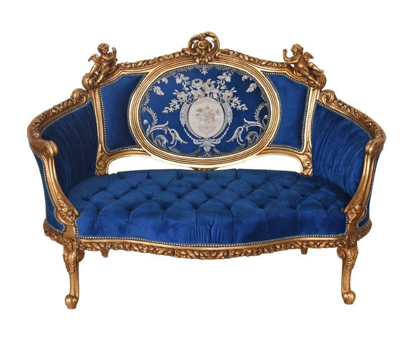 Sofa Rococo din lemn masiv cu tapiterie albastru regal