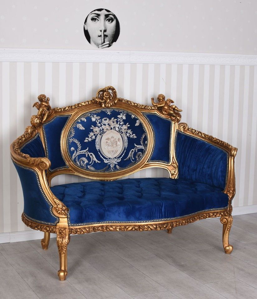 Sofa Rococo din lemn masiv cu tapiterie albastru regal