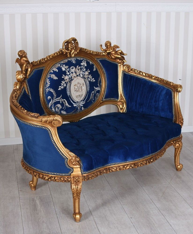 Sofa Rococo din lemn masiv cu tapiterie albastru regal