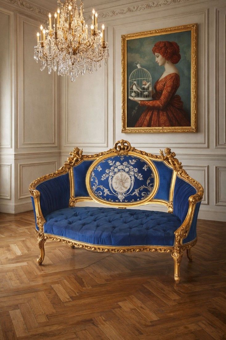 Sofa Rococo din lemn masiv cu tapiterie albastru regal