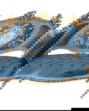 Sofa Rococo din lemn masiv cu tapiterie albastru regal