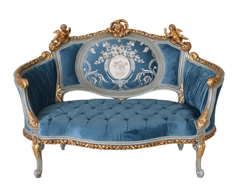 Sofa Rococo din lemn masiv cu tapiterie albastru regal
