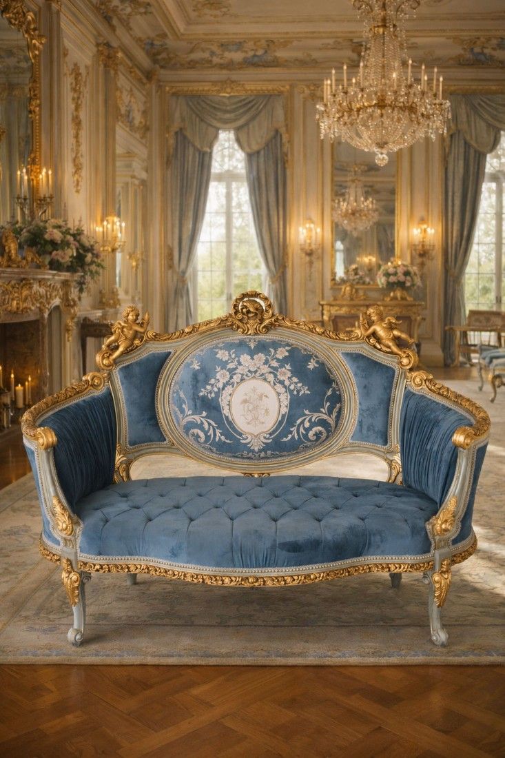 Sofa Rococo din lemn masiv cu tapiterie albastru regal