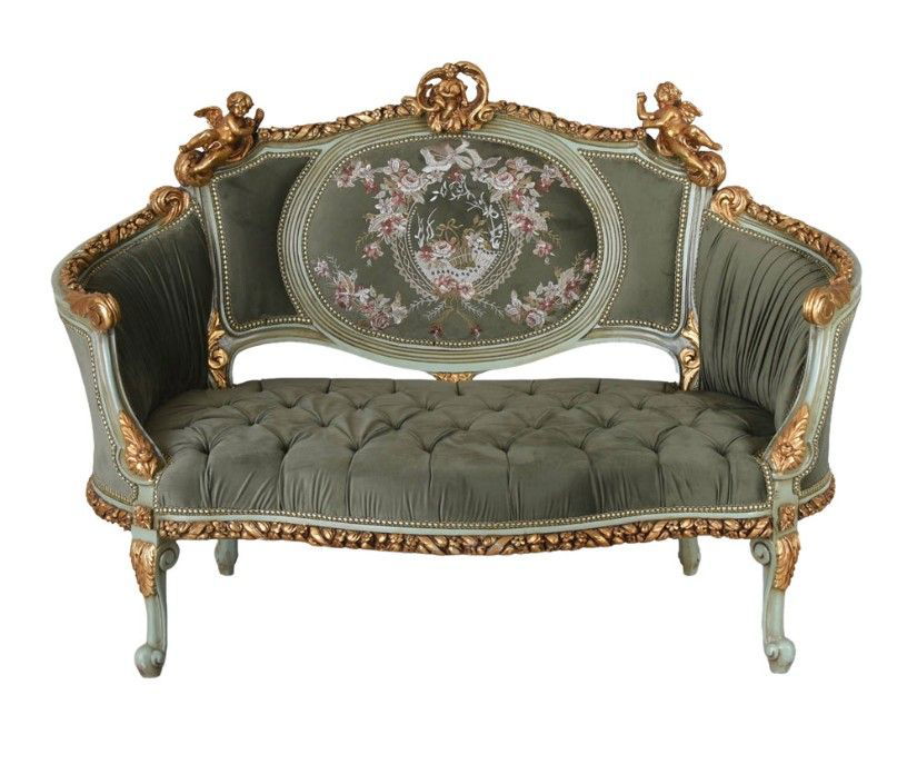 Sofa Rococo din lemn masiv cu tapiterie catifea verde